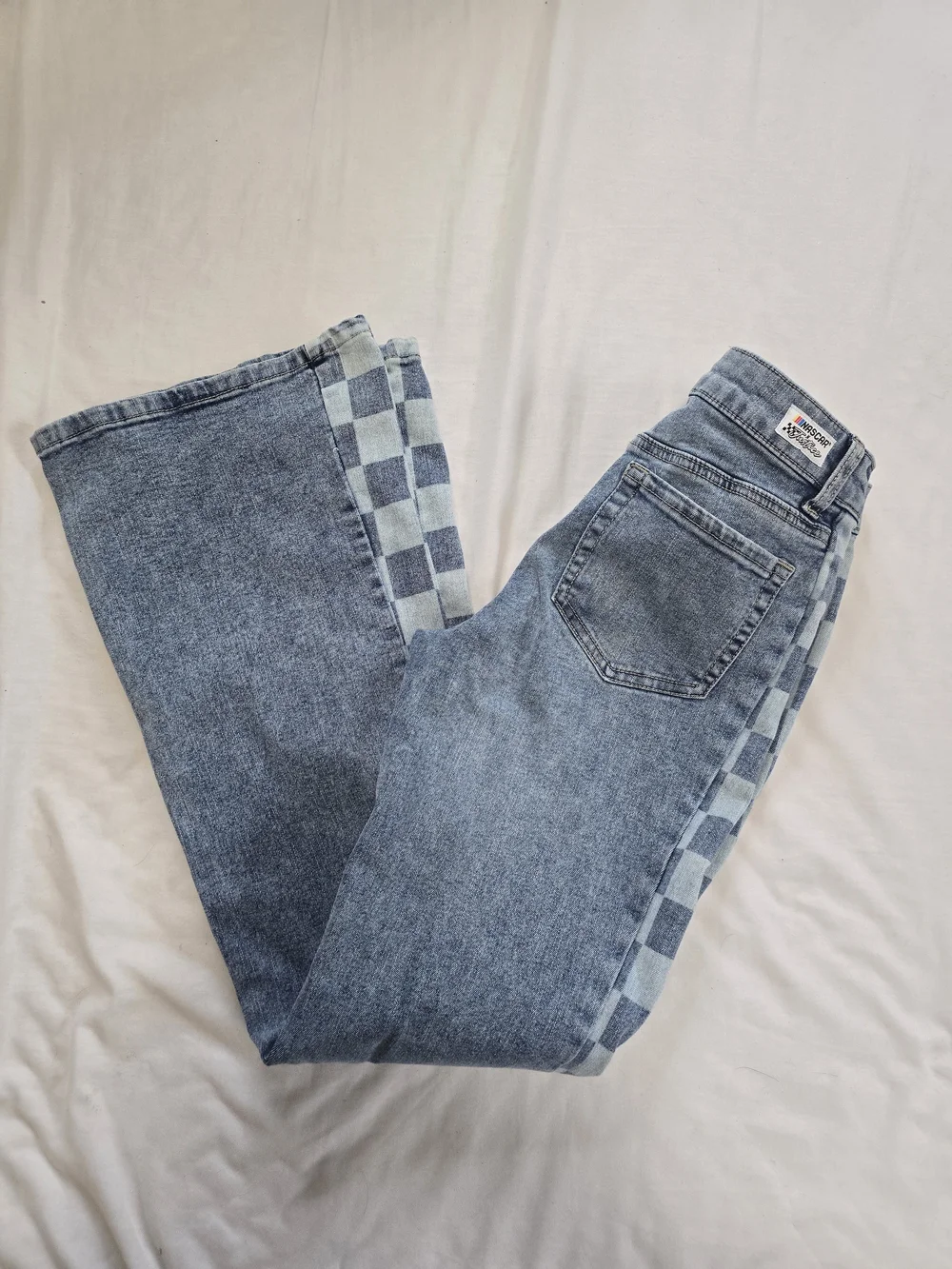 Justice x NASCAR Girls Size 14 Flare Jeans Checkered Side Stripe Racing Denim